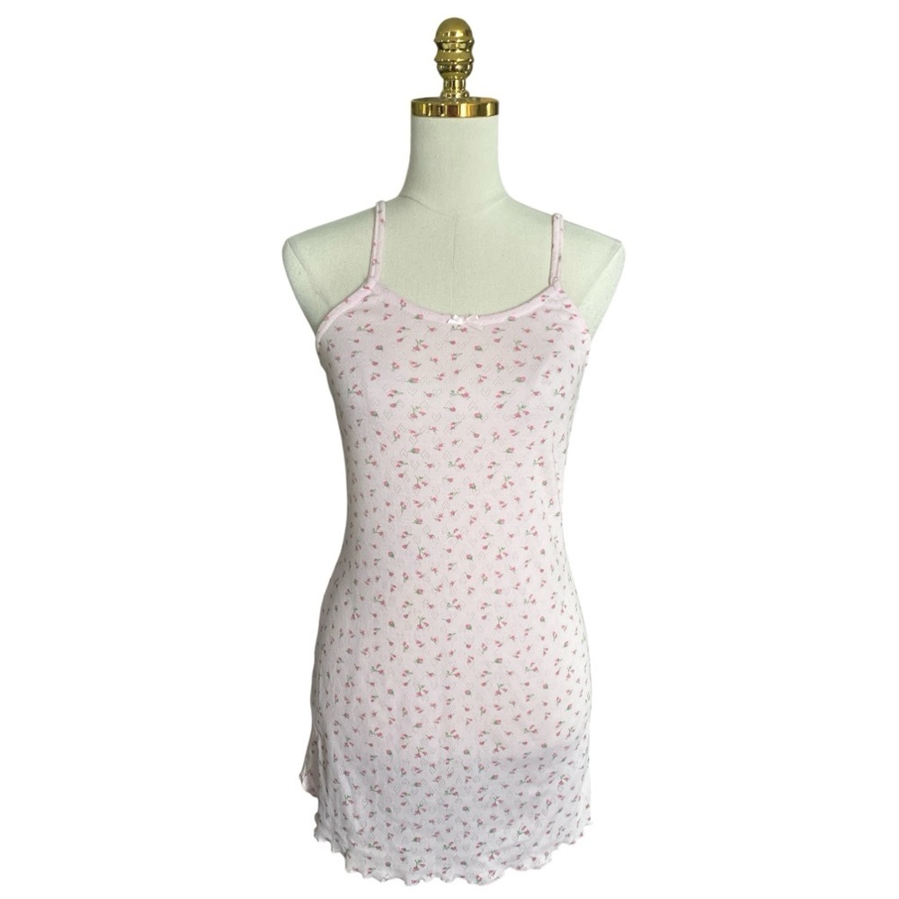 Women’s Y2K Pink Dainty Floral Strappy Bow Detail Stretch Knit Slip Dress Large